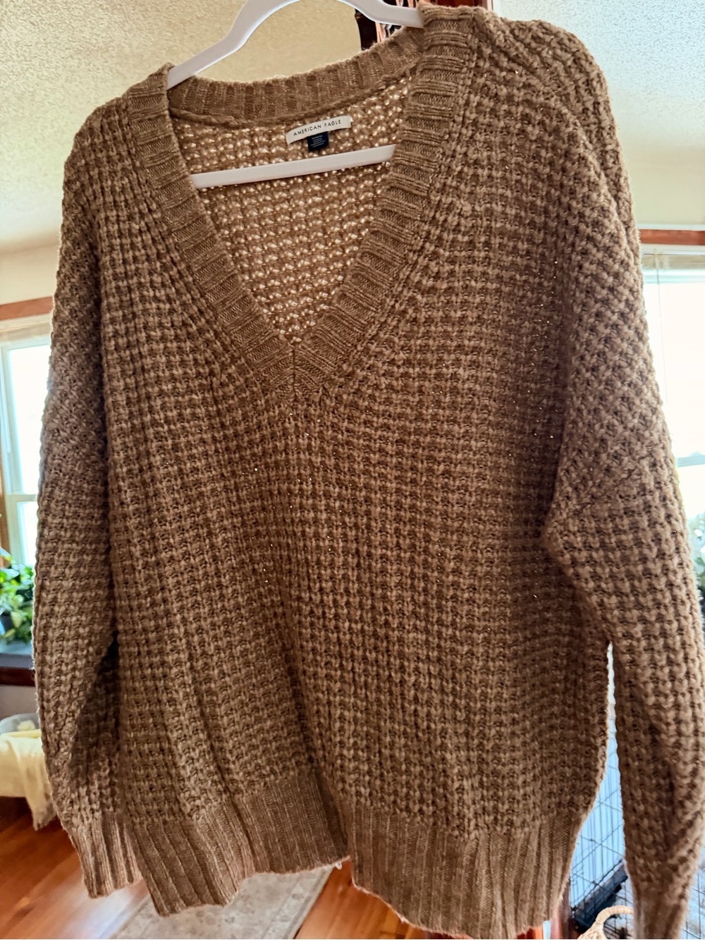 American Eagle Outfitters Taupe Waffle V-Neck Sweater